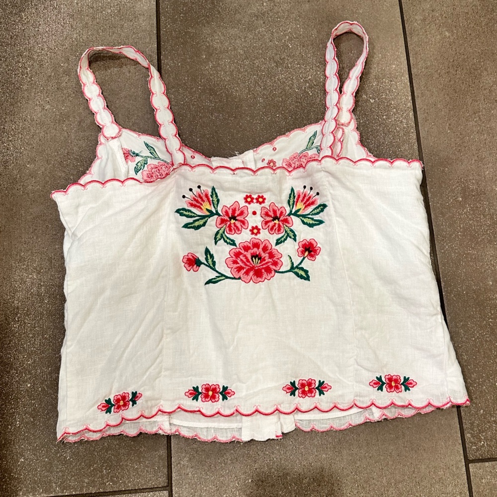 J. Crew White Linen Camisole with Red Floral Embroidery Size 4